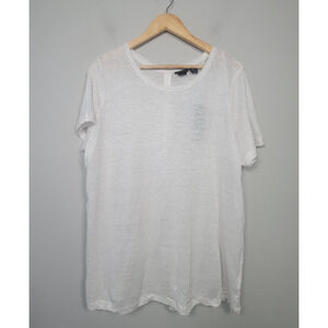 NWT Tahari Womens 1X 100% Linen Blouse Back Button Detail Short Sleeve Top White
